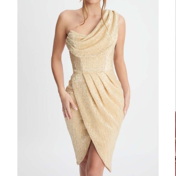 Lavish Alice One Shoulder Pleated Sequin Cowl Midi Dress In Bronze 4 NWT - Picture 1 of 10